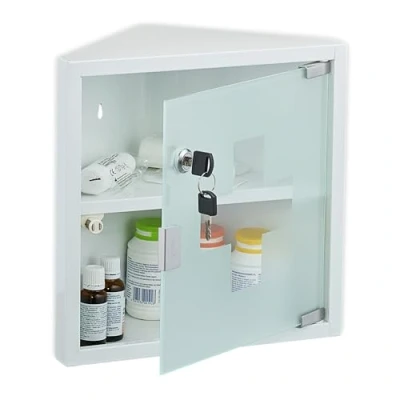 Afbeelding van medicijnkastje met slot 2 vakken hoek 30 x 17,5 cm staal wit