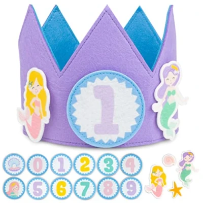 Afbeelding van Kroon verjaardag zeemeermin verwisselbare cijfers van 0 tot 9 en themafiguren BONNYCO 1 jaar meisje, cadeau voor meisjes, decoratie verjaardag, zeemeermin, hoed kinderen