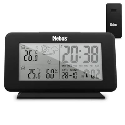 Afbeelding van MEBUS Digitaal Funk Wetterstation mit Buitenensor, Thermometer binnen/aussen, Temperatuur, Batterij bediend, Weerbestendig, Kleur: Zwart, Model: 40689