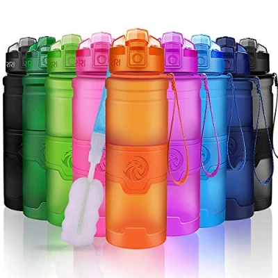 Afbeelding van ZORRI Waterfles, kunststof, zonder bpa, fitness, sportfles, te openen met 1 klik, oranje, 500 ml 17 oz