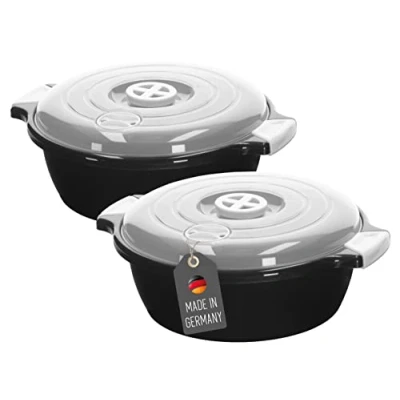Afbeelding van Lantelme Set van 2 microgolfovenschalen met stoomventiel, 1,8 liter, Made in Germany, stapelbaar, vaatwasmachinebestendig, kunststof, zwart