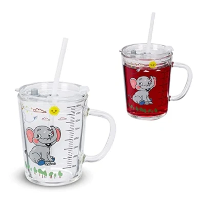 Afbeelding van Relaxdays drinkglazen set van 2 olifant design kinderglazen rietje deksel