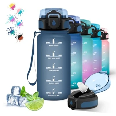 Afbeelding van Gourde, 500ml Gourde Enfant, Paille Anti Fuite, Bouteille pour Garçon &amp; Fille, Facile à Nettoyer, Graduée avec Slogan de Motivation, Reutilisable l&#039;École, Voyage, Navibleu