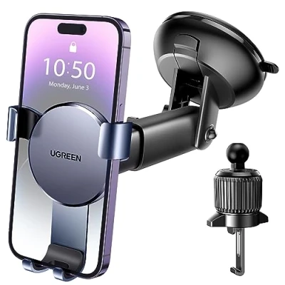 Afbeelding van UGREEN Telefoonhouder voor auto, 2 in 1, zwaartekracht, ventilatie, smartphonehouder, zuignap, dashboard, compatibel met iPhone 16 Plus Pro Max 15 14 Galaxy S24 Ultra S23 S22 (grijs)
