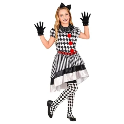 Afbeelding van Widmann Harlequin Kostuum Speelse Harlekijn Pop Kind Meisje Zwart / Wit Maat 128 Carnavalskleding Verkleedkleding