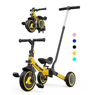 Afbeelding van besrey Driewieler, 7 in 1 driewieler voor peuters met stuurgreep, tot 5 jaar, opvouwbare kinderen, draisienne fiets, fiets zonder pedaal, geel