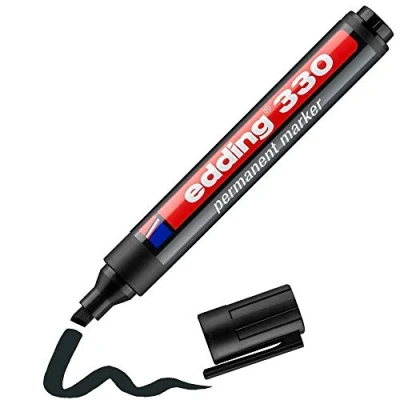 Afbeelding van edding 330 permanente markers, zwart, 1 pen, wigvormige punt 5 mm, sneldrogend, water en slijtvast, voor karton, kunststof, hout, metaal, glas