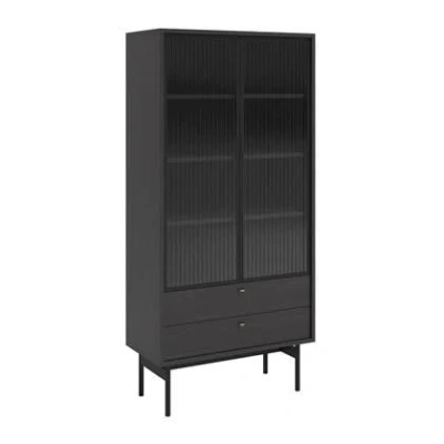 Afbeelding van Selsey OLAR Lage vitrinekast met drie planken en twee lades 85 cm Zwart Portland essenhout