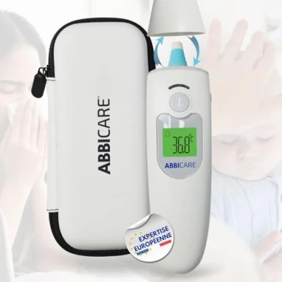 Afbeelding van Thermomètre infrarouge frontal &amp; auriculaire ABBICARE™ Précision 1 sec, mode bébé, sans contact, avec sacoche Usage médical adulte et enfant