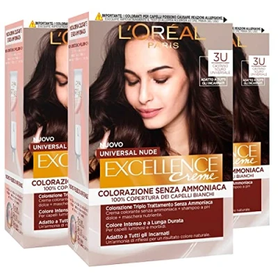 Afbeelding van 3 x L&#039;Oréal Paris Excellence crème Universal Nude Permanent Coloration Dark Brown 3U voudige behandeling tinten