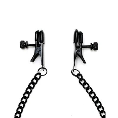 Afbeelding van Rimba Bondage Play Tepelklemmen met aandraaischroef en ketting zwart