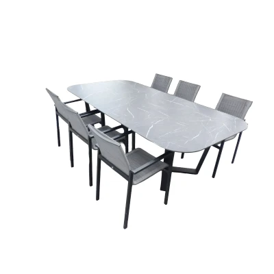 Afbeelding van Set van Teeburu tafel 240x120x76 cm oval slate en 6 Ishi stoelen zwart/grijs Yoi