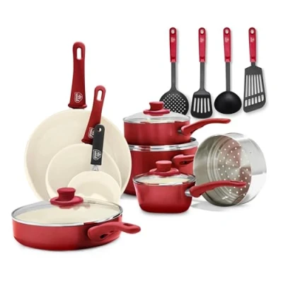 Afbeelding van GreenLife Soft Grip Gezonde Keramische Antiaanbaklaag 16 delige Pannenset met Braadpan, Steelpan en Kookpan, PFAS vrij, Vaatwasmachinebestendig, Ovenbestendig, Rood