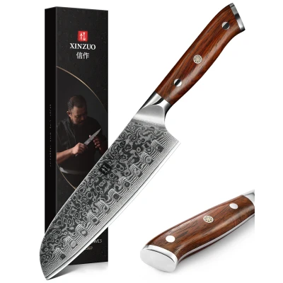 Afbeelding van Damascus Santokumes (67 lagen) Xinzuo B13R Yu Luxe &amp; Professioneel Vlijmscherp staal 7 inch lemmet 30 cm Keukenmes met rozenhouten handvat