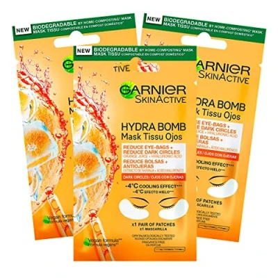 Afbeelding van 3 stuks Garnier SkinActive anti vermoeidheidsmaskers met sinaasappelsap en hyaluronzuur voor uitgeschakelde vermoeide ogen ijseffect verpakkingen van 1 toepassing