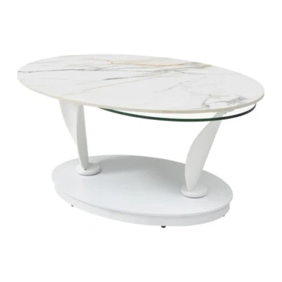 Afbeelding van Vente unique Salontafel met draaiende bladen in keramiek, gehard glas en metaal Witte marmerlook MANEYA van Maison Céphy L 150 cm x H 43 D 60