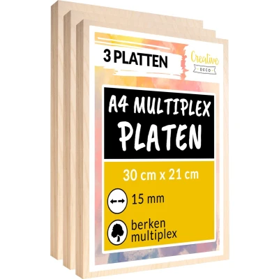 Afbeelding van Creative Deco 3 x A4 multiplex plaat 15mm 300 210 mm berken laser geschikt dun hout blanks perfecte voor lasergraveren, lasersnijden, fretwork, pyrografie, CNC router