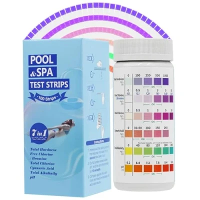 Afbeelding van 100 stuks zwembadwatertesters, 7 in 1, teststrips voor pH waarde, vrij chloor, totale hardheid, broom, totaal cyanuurzuur, alkaliteit (7 1)