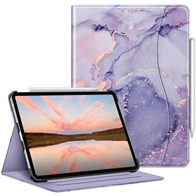 Afbeelding van FINTIE Hoes compatibel met iPad Pro 11 inch (2022/2021/2020/2018, 4e/3e/2e/1e generatie) Meerhoekige foliohoes potloodhouder en zak, automatische slaap/wake, lila marmer