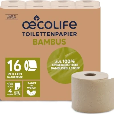 Afbeelding van oecolife Bamboe toiletpapier, 3 laags, 16 x 150 vellen, superzacht, veganistisch product, duurzaam verpakking met 60% PCR