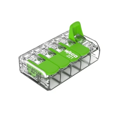 Afbeelding van WAGO 221 425 Verbindingsklem Flexibel: 0.14 4 mm² Massief: 0.2 Aantal polen: 5 25 stuk(s) Transparant, Groen