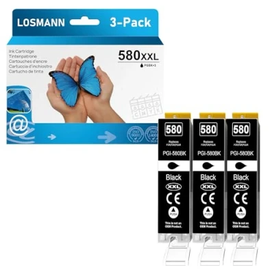 Afbeelding van LOSMANN Set van 3 zwarte inktcartridges compatibel met Canon PGI 580 XXL PGBK voor Pixma TS6350 TS6150 TS8150 TS8250 TS6250 TS705 TS705a TS8151 TS6151 TS8152 TS8300 TS9150 zwart
