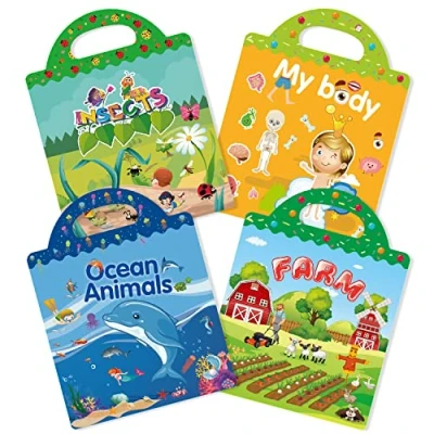 Afbeelding van GUYUCOM Set van 4 herbruikbare stickerboeken, speelgoed voor kinderen 2, 3, jaar, jongens en peuters, 3D transparant, oceaan, insecten, boerderij, educatief speelgoed, verjaardagscadeau