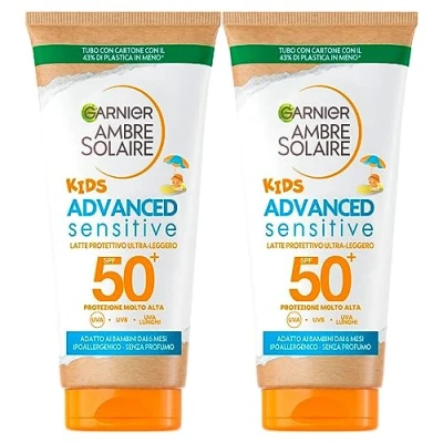 Afbeelding van Garnier Ambre Solaire Kids Advanced Sensitive SPF 50+ zonnemelk, zeer hoge bescherming voor kinderen, hypoallergeen, 2 flessen van 50 ml