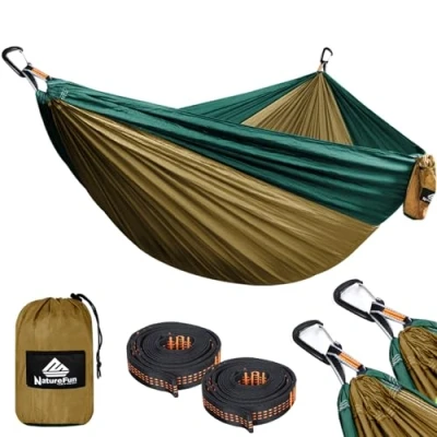 Afbeelding van NatureFun ultralichte hangmat voor kamperen en reizen, draagvermogen 300 kg, x 200 cm, ademend, nylon parachutes, 2 premium karabijnhaken, riemen inbegrepen