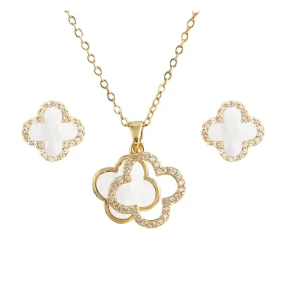 Afbeelding van Hanaoops Sieradenset klavertje vier voor dames en meisjes, titaniumstaal, zwart, vier, halsketting, oorbellen, set, hypoallergeen, sieradenset, cadeau, Titanium staal