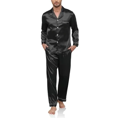 Afbeelding van Reliwel Zijden pyjamaset voor heren, overhemd met lange mouwen en broek, zijdeachtige tweedelige pyjamaset, gekerfde kraag, nachtkleding S XXL, zwart.