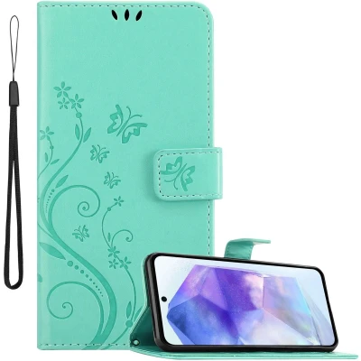 Afbeelding van Cadorabo Hoesje geschikt voor Samsung Galaxy A55 in BLOEMEN TURKOOIS Beschermhoes bloemmotief met magnetische sluiting, standfunctie en kaartsleuven Book Case Cover Etui