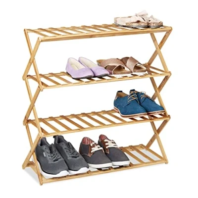 Afbeelding van Relaxdays Opvouwbaar schoenenrek, 4 niveaus, 12 paar schoenen, voor thuis en op de camping, van bamboe, 68 x 67 26 cm, naturel