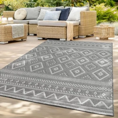 Afbeelding van TT Home Vloerkleed voor buiten, terras, camber, keuken, balkon, modern diamantmotief, Boheems geometrisch motief, kleur: grijs 2, afmetingen: 160 x 220 cm