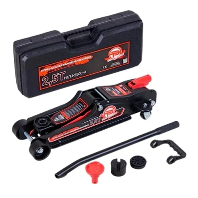 Afbeelding van hydraulische krik voor 2,5 ton, plat model 80 mm 360 mm, laag profiel met koffer + SUV adapter 2 rubberen pads, auto‘s, draaibare wielen (rood)