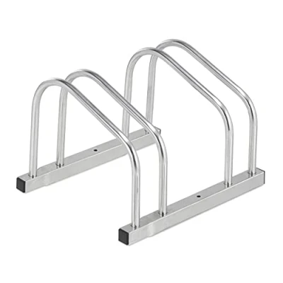 Afbeelding van Relaxdays Hark voor 2 fietsen, vloermontage, wielen met een breedte van 50 mm, metaal, garage, zilver