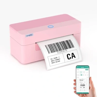Afbeelding van vretti Bluetooth verzendlabelprinter, thermische labelprinter, 4 x 6 cm, compatibel met Windows, Mac OS en Linux systemen, roze