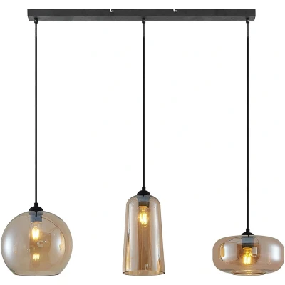 Afbeelding van Lucande hanglamp 3lichts Metaal, glas E27 zwart, amber