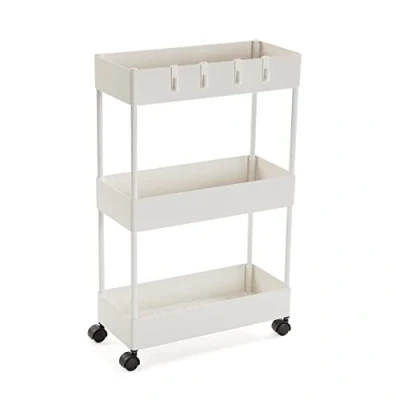 Afbeelding van Versa Skuvoy Extra badkamermeubel, trolley of opbergwagen, met 3 legplanken en wielen, afmetingen (H x B B) 63,5 18 40 cm, kunststof, wit