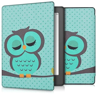 Afbeelding van kwmobile E reader hoesje geschikt voor Kobo Aura H2O Edition 2 hoes flip case met magnetische sluiting Ereader cover Slapende Uil design in turquoise / bruin mintgroen