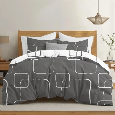 Afbeelding van Dreamzie Dekbedovertrek 200 x cm met 2 kussenslopen 80 cm, motief geo grijs/wit, beddengoed ritssluiting, voor tweepersoonsbed, Oeko TEX