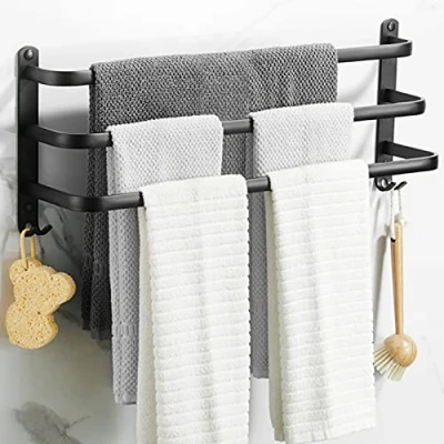 Afbeelding van handdoekhouder voor aan de muur, badkamer, zelfklevend, matzwart, van aluminiumlegering, niet geperforeerd (50 cm, drie bars)