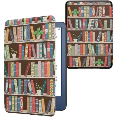 Afbeelding van kwmobile E reader hoesje geschikt voor Amazon Kindle (2022/2024) hoes flip case met magnetische sluiting Ereader cover Zomerse bibliotheek design in blauw / groen roze