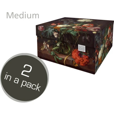 Afbeelding van Dutch Design Storage Box Medium Flowers Set 2 Zwart / 30,8 x 23 15,5 cm FSC gecertificeerd golfkarton volledig recyclebaar