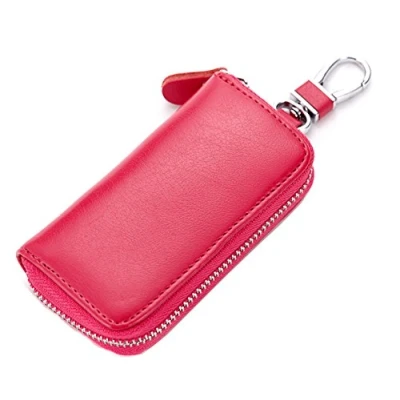 Afbeelding van iSuperb Leren hoesje voor sleutels, kaarten, portemonnee, veiligheidstas met haak clip Valentijnsdag, cadeau vrouw/vriendin 11 x 6 2,5 cm, Roze, Sleutelhanger