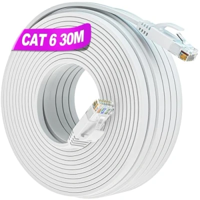 Afbeelding van Ethernet kabel, Cat 6, 30 m, netwerkkabel, RJ45, wit, voor buiten, UTP, internetkabel, waterdicht, hoge snelheid, vezel, 10/100/1000 Mbps, Gigabit LAN, extra lang, platte patchkabel, clips