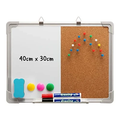 Afbeelding van DOEWORKS Dubbelzijdig magnetisch whiteboard 40 cm x 30 en droog uitwisbaar combobord met aluminium frame