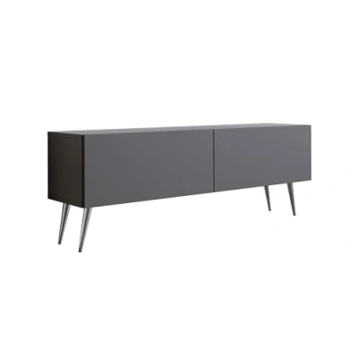 Afbeelding van Meuble TV : deux portes, étagères, Couleur anthracite, pieds chromés, D L 140 cm, H 52 P 32 cm