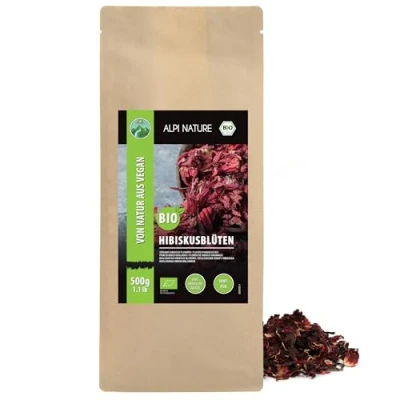 Afbeelding van biologische hibiscusthee (500 g), hibiscusbloemen, zacht gedroogd, uit gecontroleerde teelt, laboratoriumgetest, veganistisch