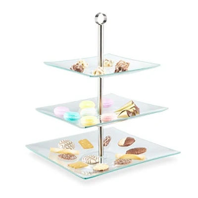 Afbeelding van Relaxdays glazen etagere 3 laags hapjesschaal serveerschaal cupcake standaard